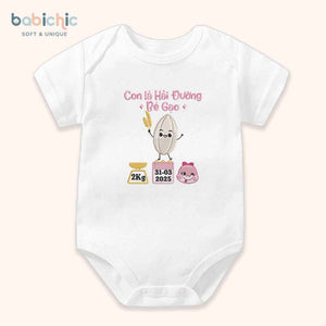 Set đồ đầy tháng cho bé gái thêu tên riêng – Mẫu “Hải Đường + Bé Gạo” họa tiết hạt gạo dễ thương, thông số sinh