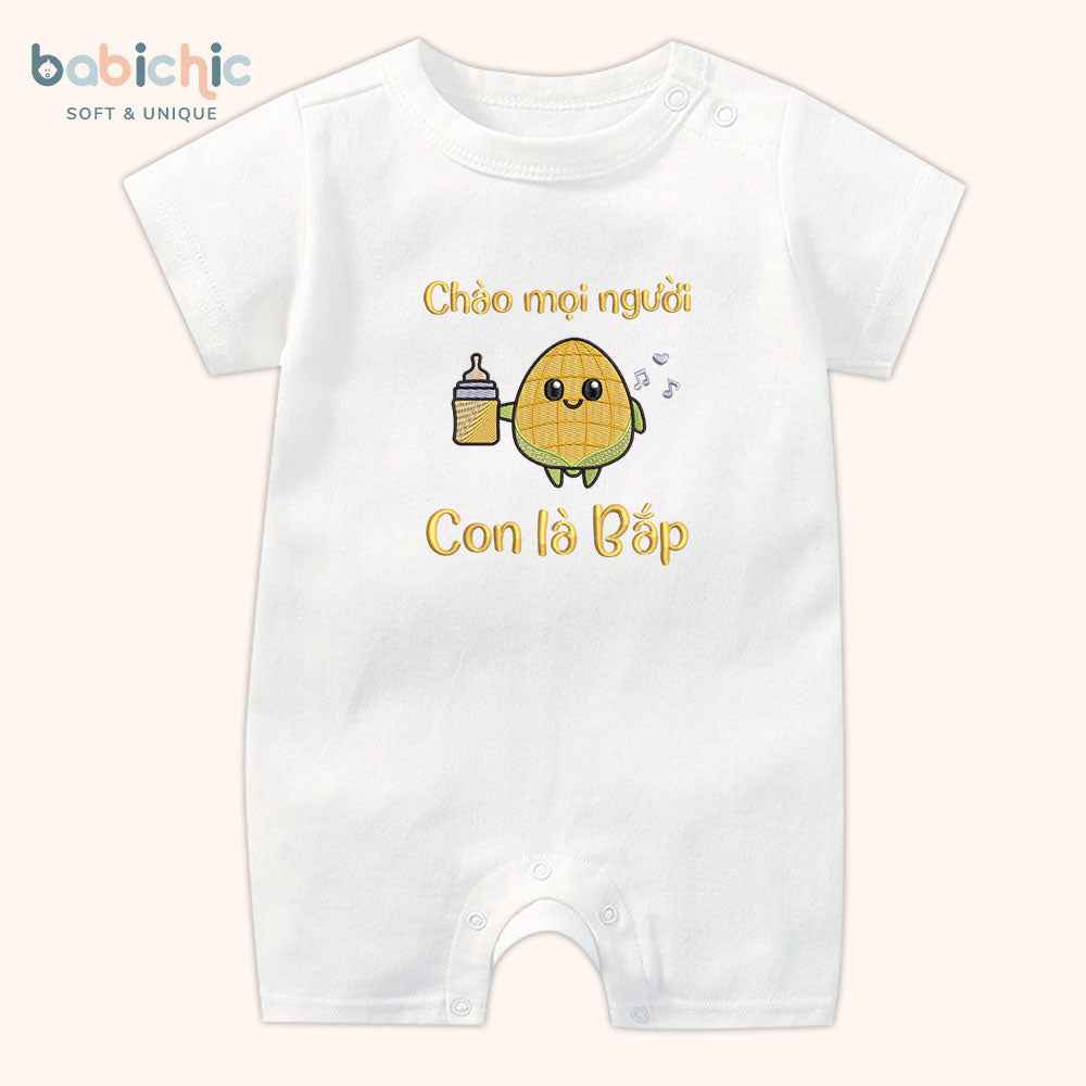 Set quà đầy tháng sơ sinh cho bé trai – Bodysuit thêu tên “Con là Bắp”, hình bé bắp dễ thương