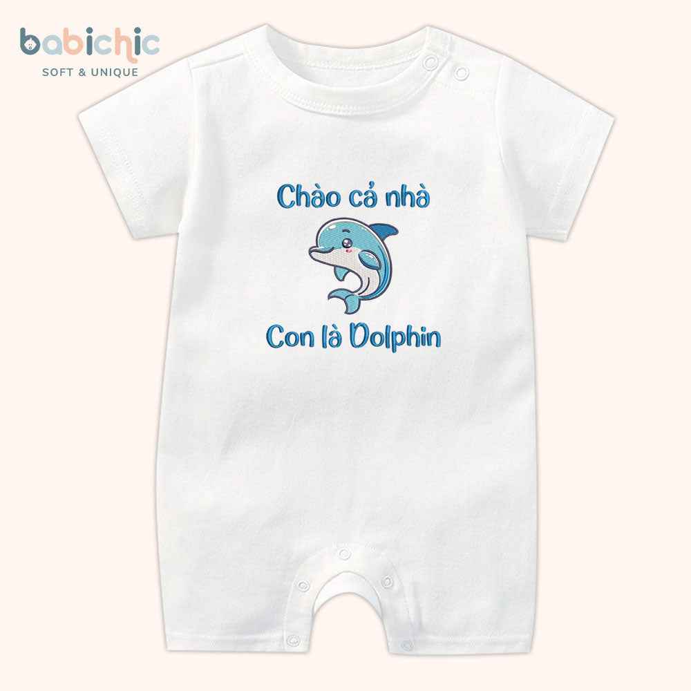 Bodysuit đầy tháng bé trai thêu tên cá nhân hóa – Mẫu “Con là Dolphin”, hình cá heo cute