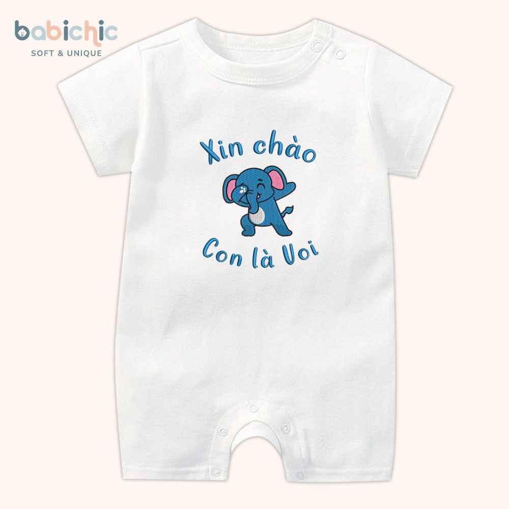 Set quà đầy tháng bé trai thêu tên theo yêu cầu – Bodysuit “Con là Voi”, hình voi xanh dương