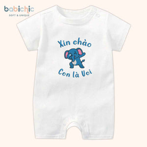 Set quà đầy tháng bé trai thêu tên theo yêu cầu – Bodysuit “Con là Voi”, hình voi xanh dương