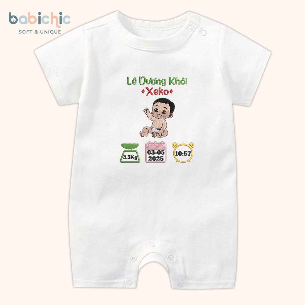 Bodysuit sơ sinh thêu tên cho bé trai – Quà đầy tháng cá nhân hóa, họa tiết bé cute, chỉ thêu xanh lá