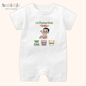Bodysuit sơ sinh thêu tên cho bé trai – Quà đầy tháng cá nhân hóa, họa tiết bé cute, chỉ thêu xanh lá