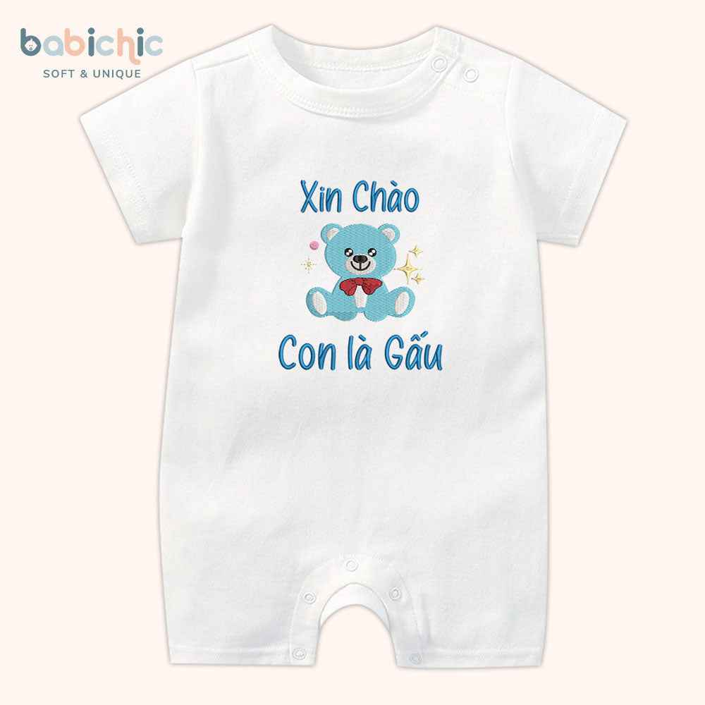 Set quà thêu tên cho bé trai - Gấu - Cotton Organic, Hình Gấu Xanh Dương, Quà Đầy Tháng Cá Nhân Hóa