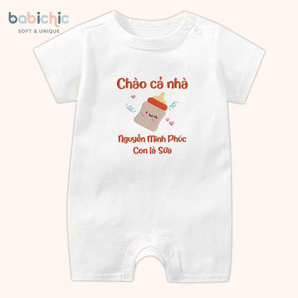 Set quà thêu tên cho bé - Minh Phúc - Sữa - Tone màu đỏ - Hình bình sữa đáng yêu - Set quà tặng cho bé trai