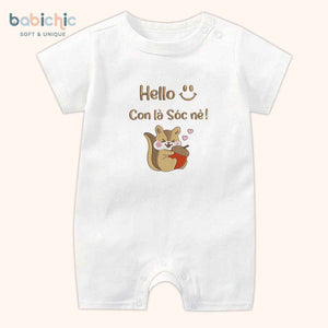 Set đồ sơ sinh thêu tên “Sóc” – Hình sóc dễ thương, tone nâu nhạt – Quà đầy tháng bé trai cá nhân hóa