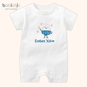 Set sơ sinh thêu tên “Xôi” – Hình xôi cute đáng yêu, tone xanh dương – Quà đầy tháng bé trai