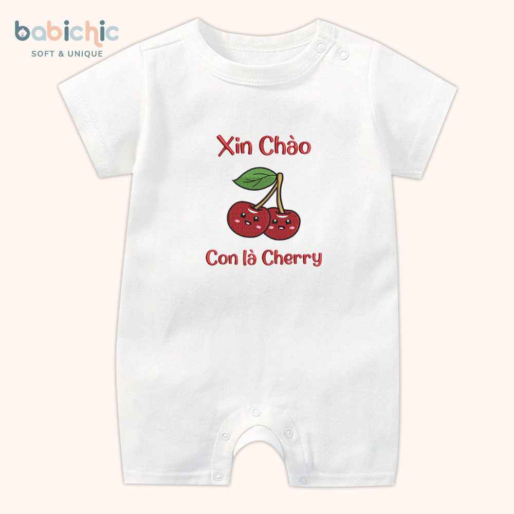 Set đầy tháng bé gái Cherry – Thêu tên & trái cherry đỏ nổi bật, body sơ sinh cá nhân hóa ngộ nghĩnh