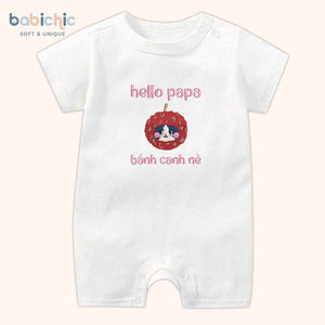 Set đồ đầy tháng bé gái – Body thêu “Hello papa – Bánh Canh nè” tone hồng đỏ đáng yêu