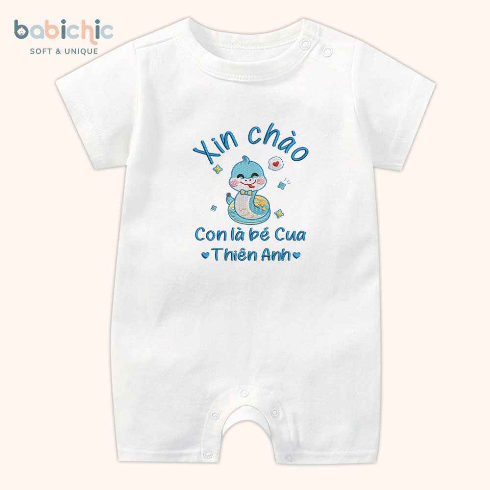 Set đồ sơ sinh thêu tên “Thiên Anh – Cua” – Hình rắn xanh dương, quà đầy tháng cá nhân hóa cho bé trai
