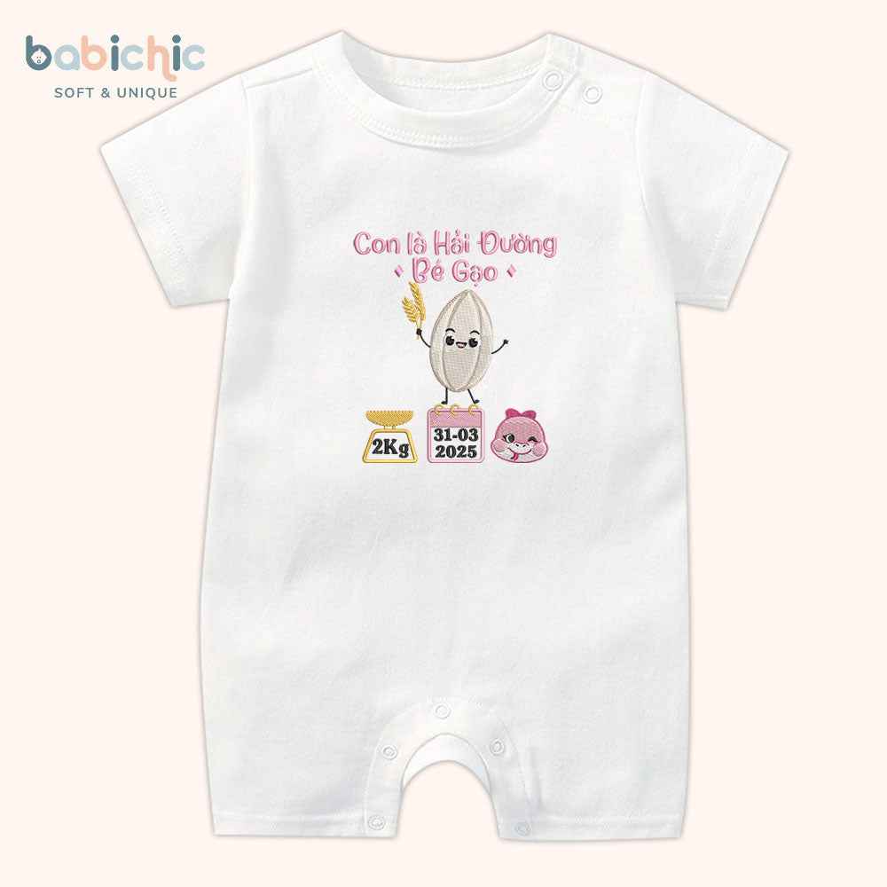 Set đồ đầy tháng cho bé gái thêu tên riêng – Mẫu “Hải Đường + Bé Gạo” họa tiết hạt gạo dễ thương, thông số sinh