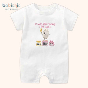 Set đồ đầy tháng cho bé gái thêu tên riêng – Mẫu “Hải Đường + Bé Gạo” họa tiết hạt gạo dễ thương, thông số sinh