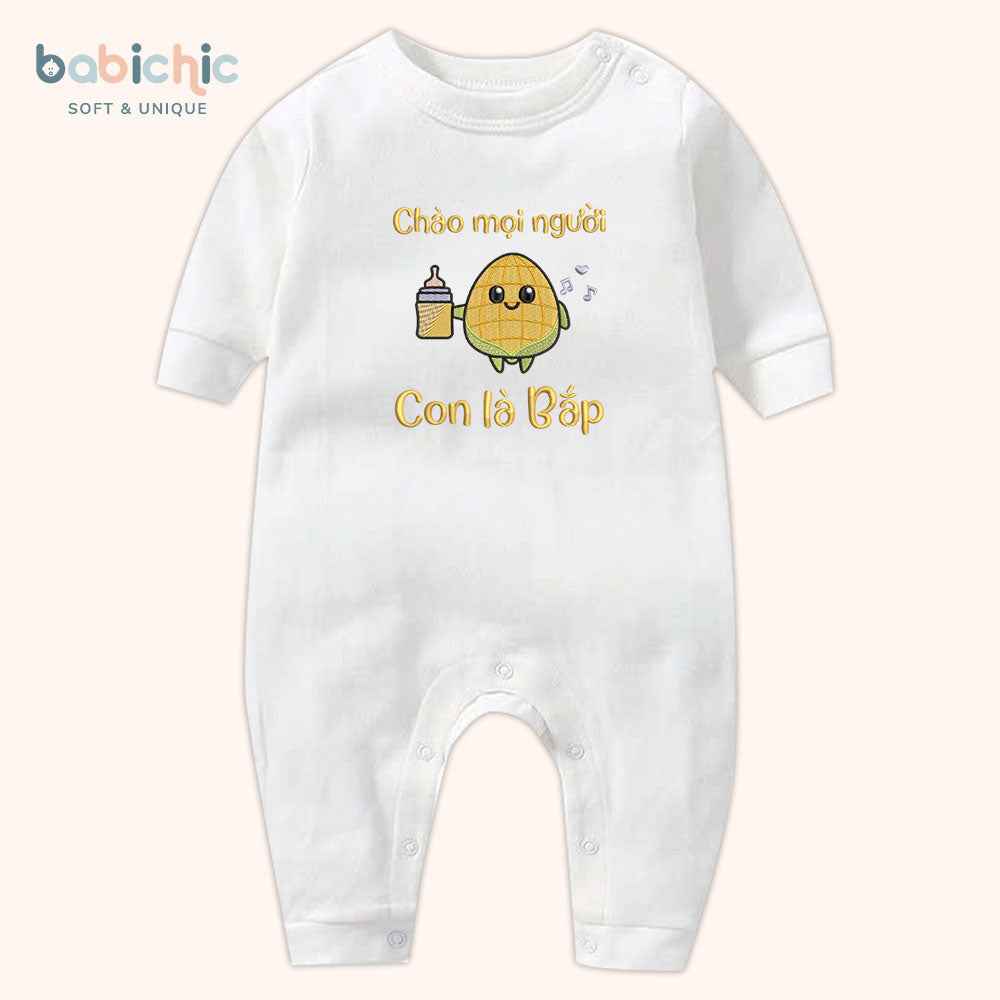 Set quà đầy tháng sơ sinh cho bé trai – Bodysuit thêu tên “Con là Bắp”, hình bé bắp dễ thương