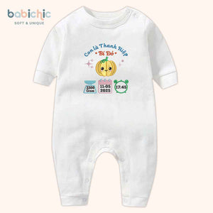 Set quà đầy tháng bé trai cá nhân hóa – Bodysuit thêu tên “Thanh Hiệp – Bí Đỏ”, hình trái bí & thông số sinh