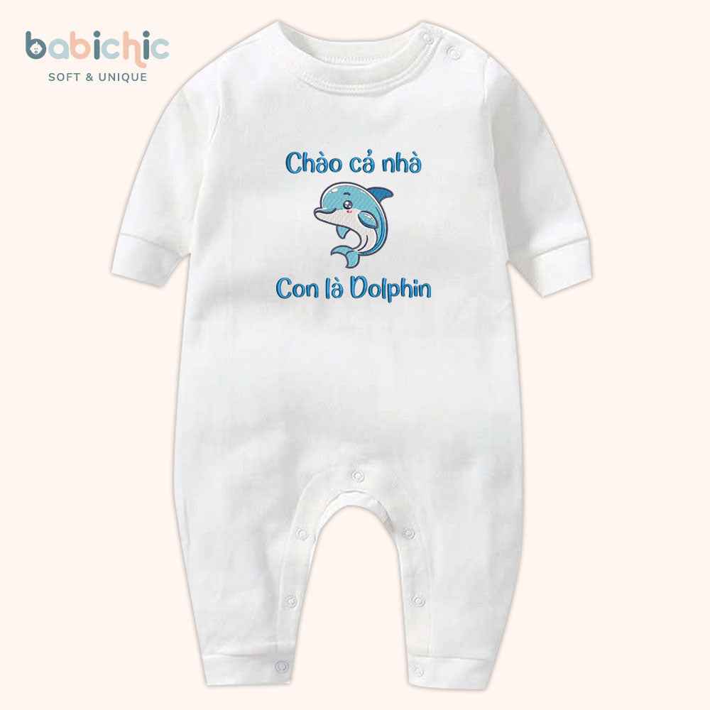Bodysuit đầy tháng bé trai thêu tên cá nhân hóa – Mẫu “Con là Dolphin”, hình cá heo cute