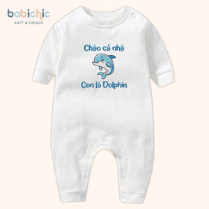 Bodysuit đầy tháng bé trai thêu tên cá nhân hóa – Mẫu “Con là Dolphin”, hình cá heo cute