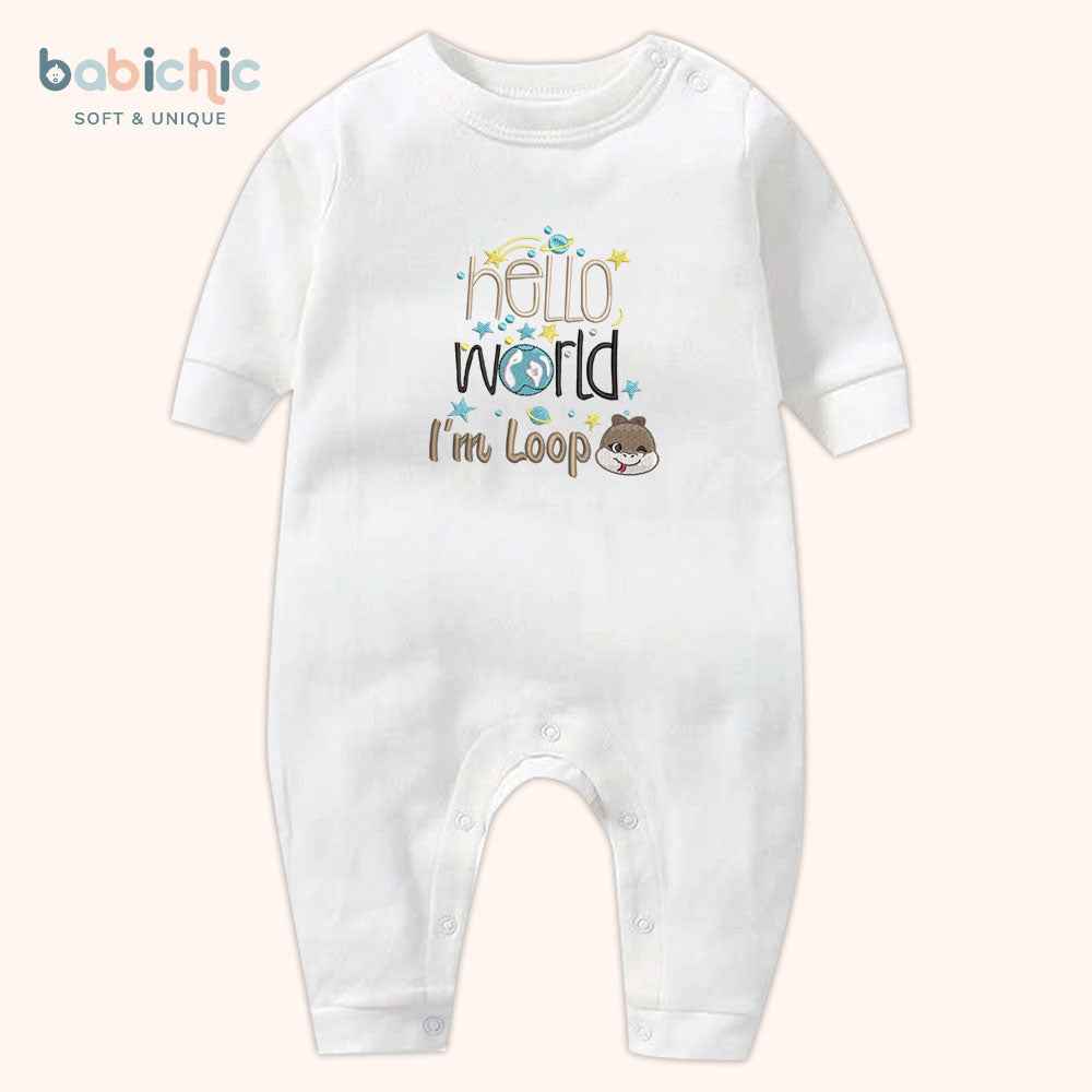 Bodysuit cá nhân hóa cho bé trai sơ sinh đầy tháng – Mẫu “Hello World – I’m Loop”, hình rắn nâu cute