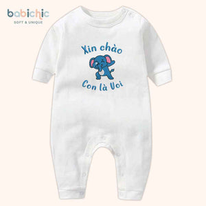 Set quà đầy tháng bé trai thêu tên theo yêu cầu – Bodysuit “Con là Voi”, hình voi xanh dương