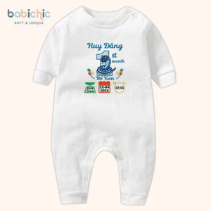 Set sơ sinh thêu tên “Huy Đăng – Ken” – Quà đầy tháng bé trai sinh năm rắn, phối xanh nước biển cá tính