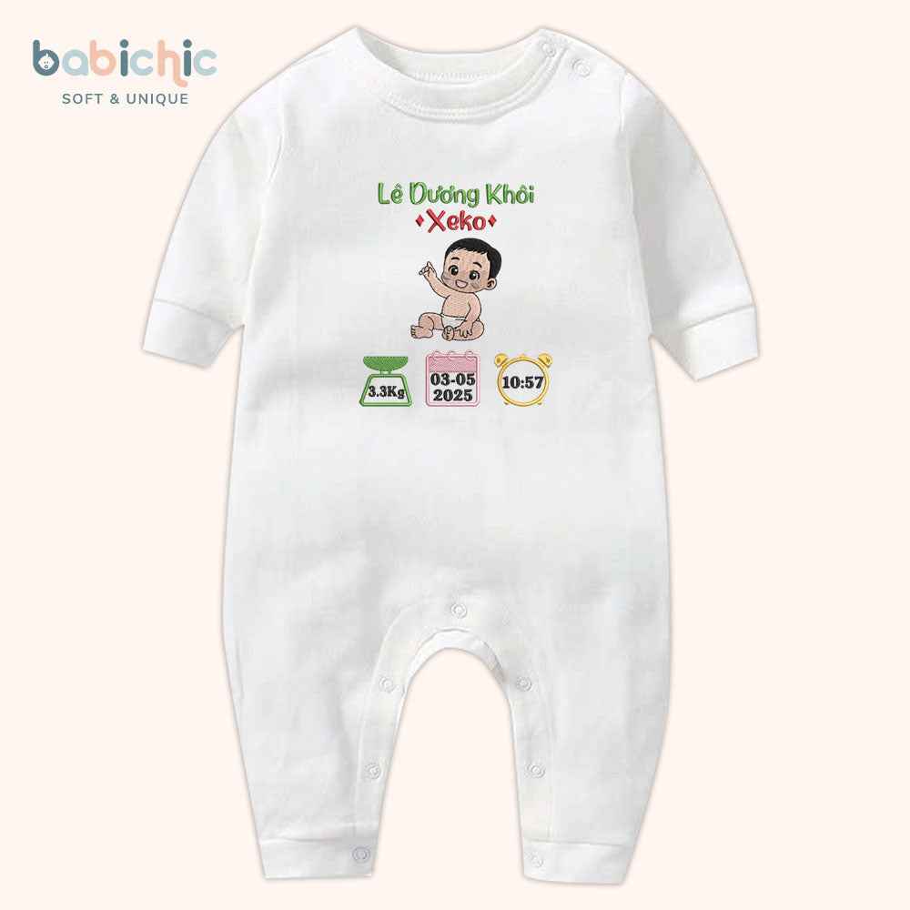 Bodysuit sơ sinh thêu tên cho bé trai – Quà đầy tháng cá nhân hóa, họa tiết bé cute, chỉ thêu xanh lá