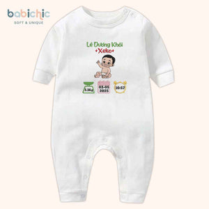 Bodysuit sơ sinh thêu tên cho bé trai – Quà đầy tháng cá nhân hóa, họa tiết bé cute, chỉ thêu xanh lá