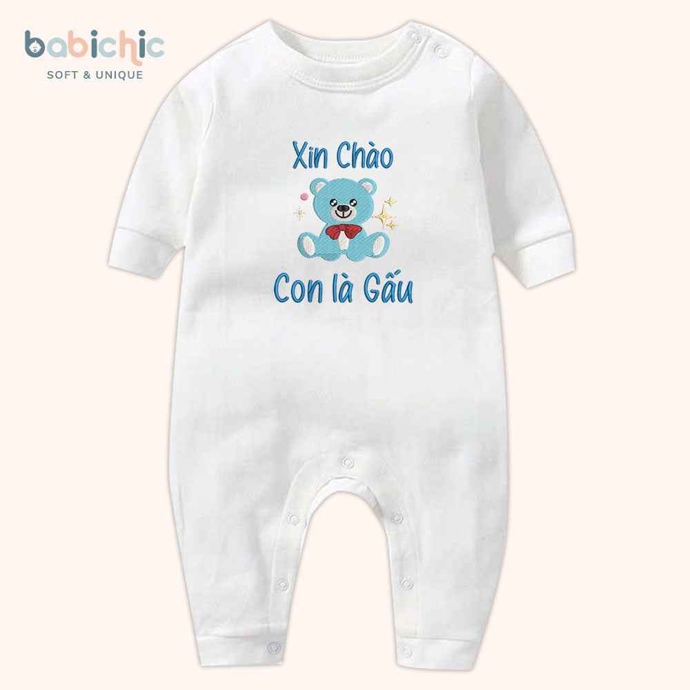 Set quà thêu tên cho bé trai - Gấu - Cotton Organic, Hình Gấu Xanh Dương, Quà Đầy Tháng Cá Nhân Hóa