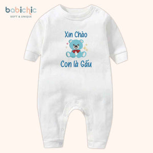 Set quà thêu tên cho bé trai - Gấu - Cotton Organic, Hình Gấu Xanh Dương, Quà Đầy Tháng Cá Nhân Hóa
