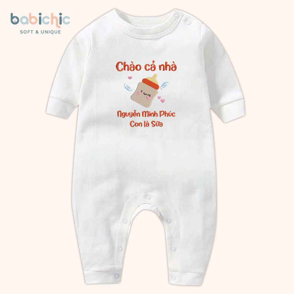 Set quà thêu tên cho bé - Minh Phúc - Sữa - Tone màu đỏ - Hình bình sữa đáng yêu - Set quà tặng cho bé trai
