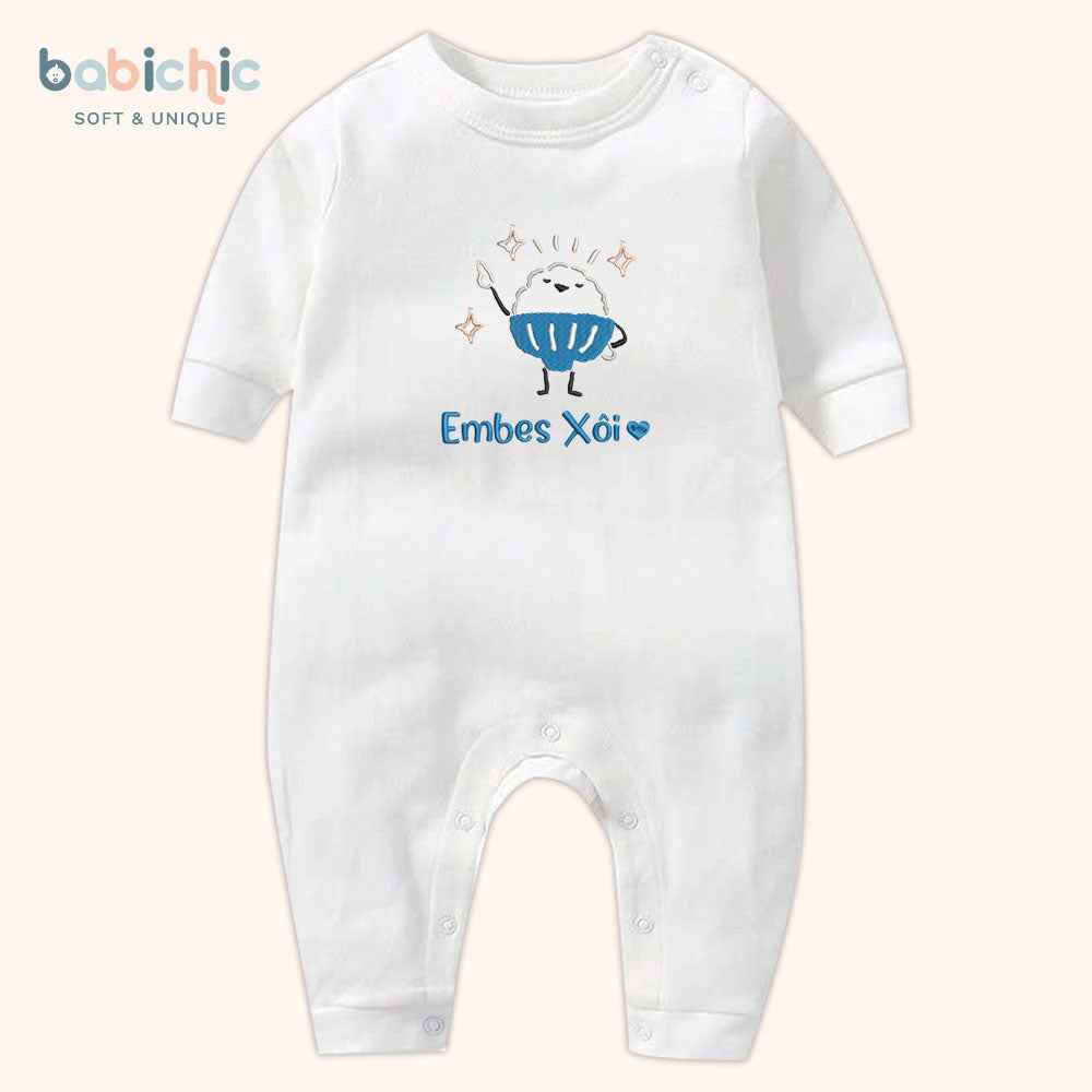 Set sơ sinh thêu tên “Xôi” – Hình xôi cute đáng yêu, tone xanh dương – Quà đầy tháng bé trai