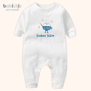 Set sơ sinh thêu tên “Xôi” – Hình xôi cute đáng yêu, tone xanh dương – Quà đầy tháng bé trai