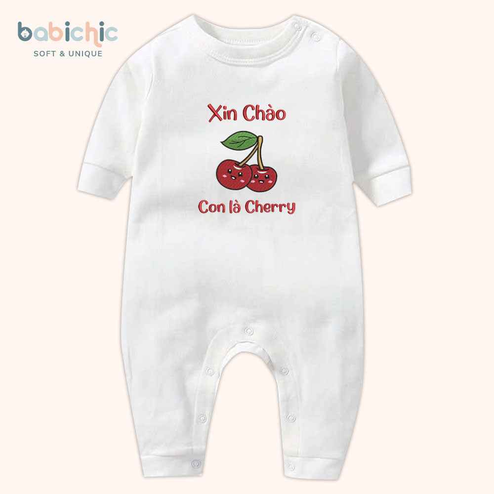 Set đầy tháng bé gái Cherry – Thêu tên & trái cherry đỏ nổi bật, body sơ sinh cá nhân hóa ngộ nghĩnh