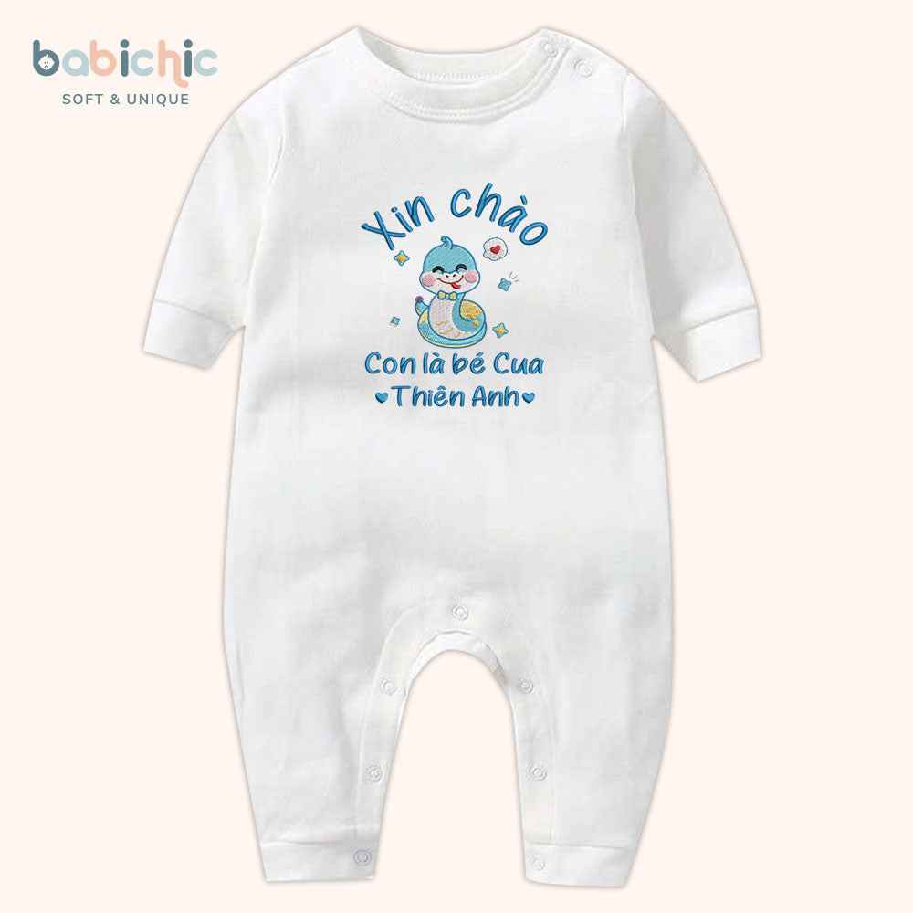 Set đồ sơ sinh thêu tên “Thiên Anh – Cua” – Hình rắn xanh dương, quà đầy tháng cá nhân hóa cho bé trai