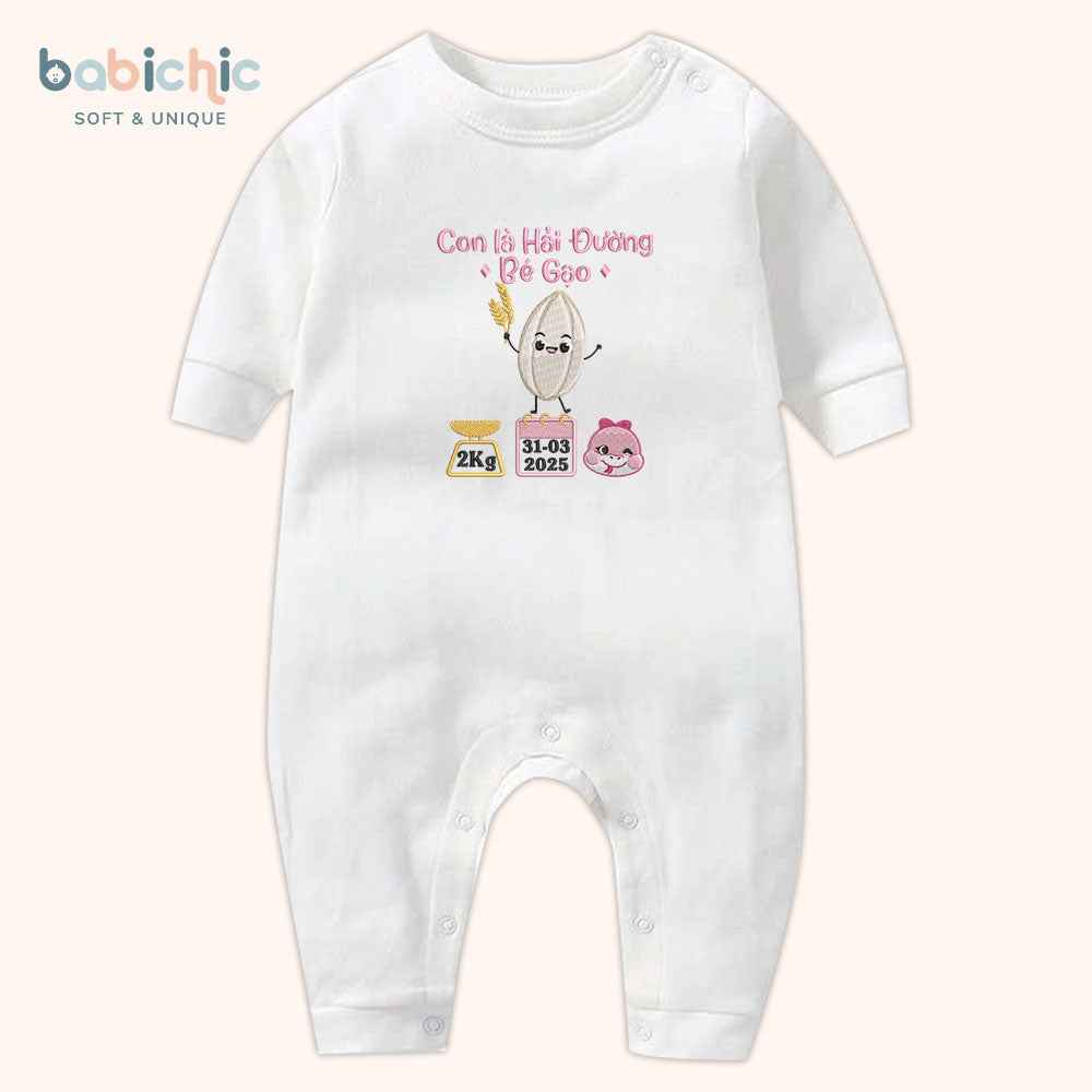 Set đồ đầy tháng cho bé gái thêu tên riêng – Mẫu “Hải Đường + Bé Gạo” họa tiết hạt gạo dễ thương, thông số sinh