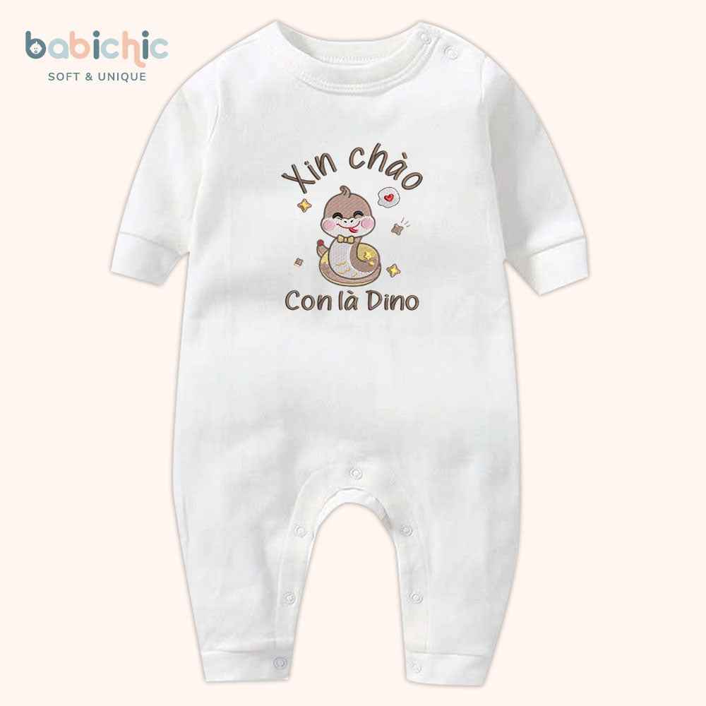 Set đồ sơ sinh cá nhân hóa cho bé trai – Bodysuit thêu tên “Con là Dino”, hình rắn dễ thương