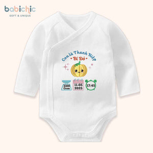 Set quà đầy tháng bé trai cá nhân hóa – Bodysuit thêu tên “Thanh Hiệp – Bí Đỏ”, hình trái bí & thông số sinh