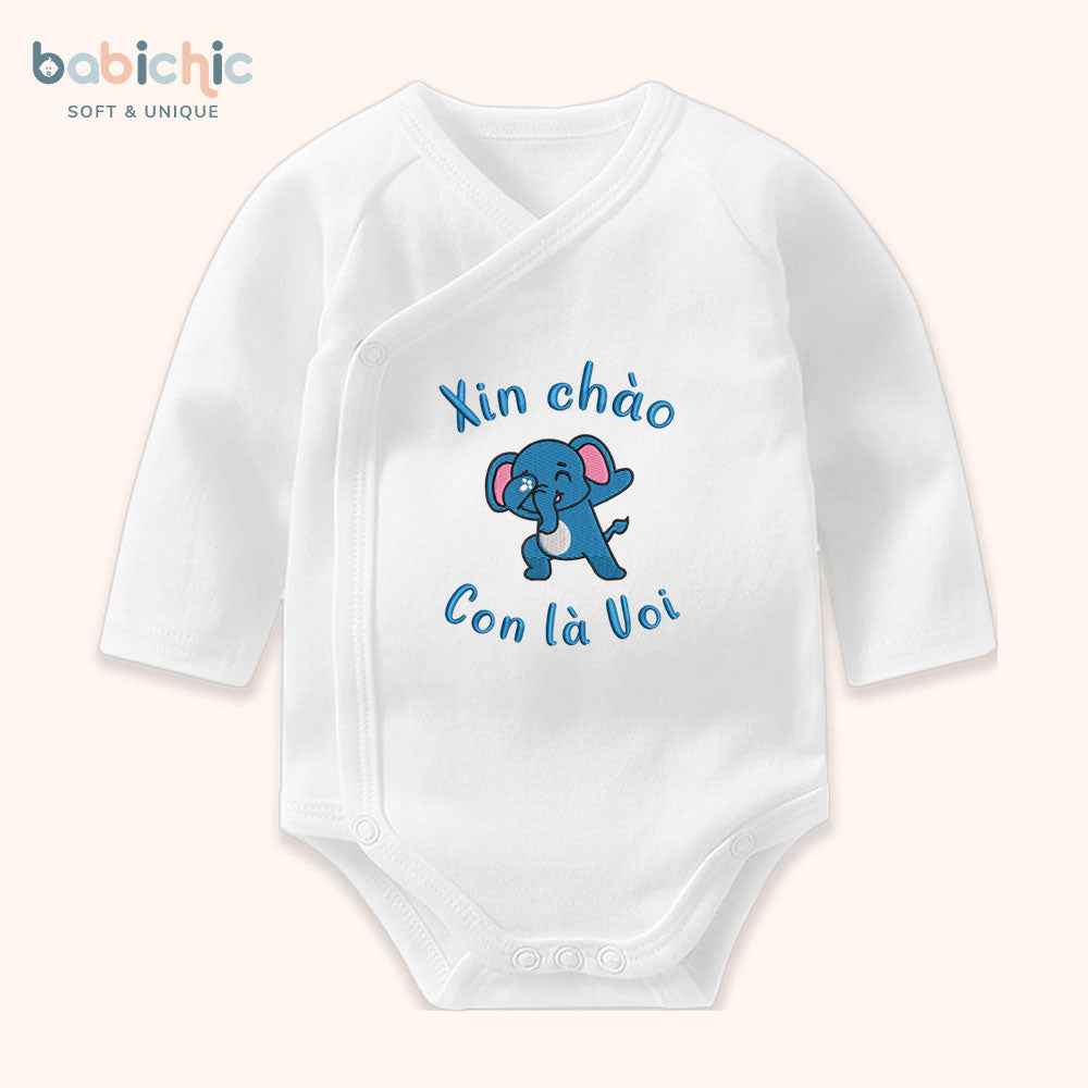 Set quà đầy tháng bé trai thêu tên theo yêu cầu – Bodysuit “Con là Voi”, hình voi xanh dương