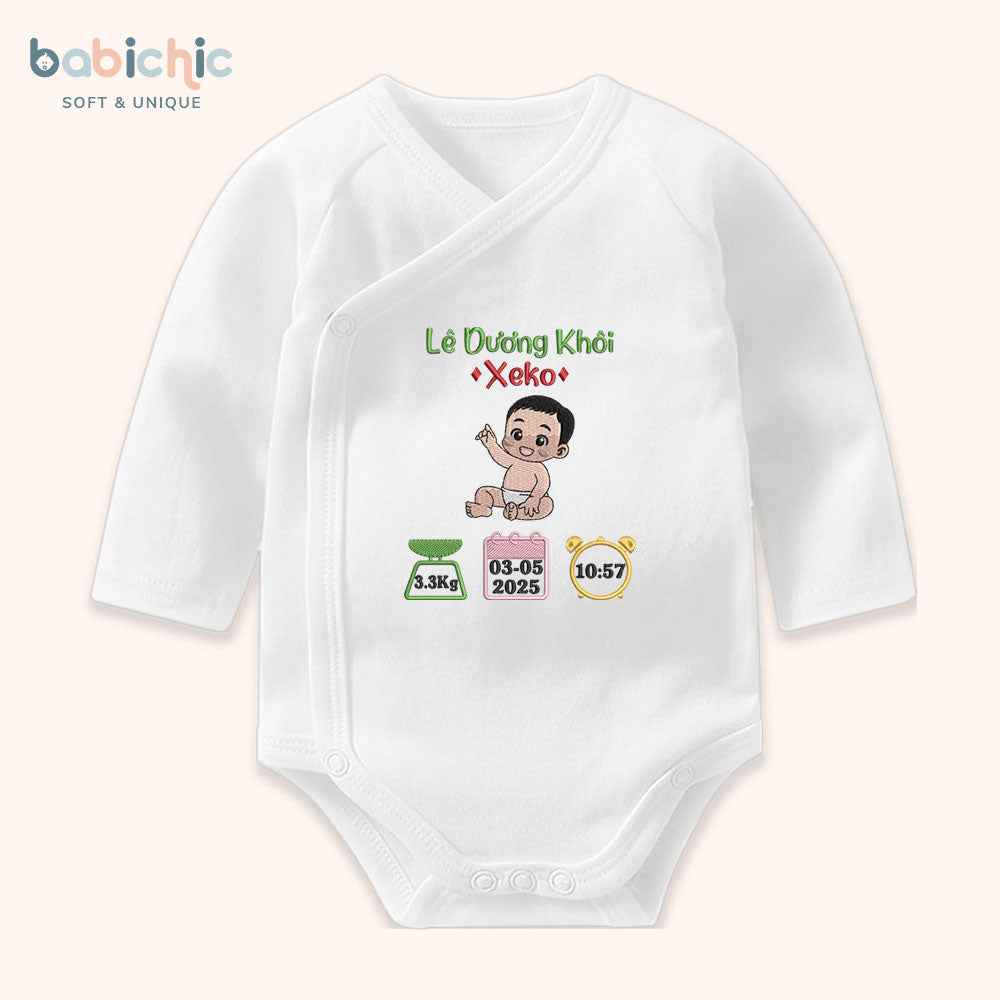 Bodysuit sơ sinh thêu tên cho bé trai – Quà đầy tháng cá nhân hóa, họa tiết bé cute, chỉ thêu xanh lá
