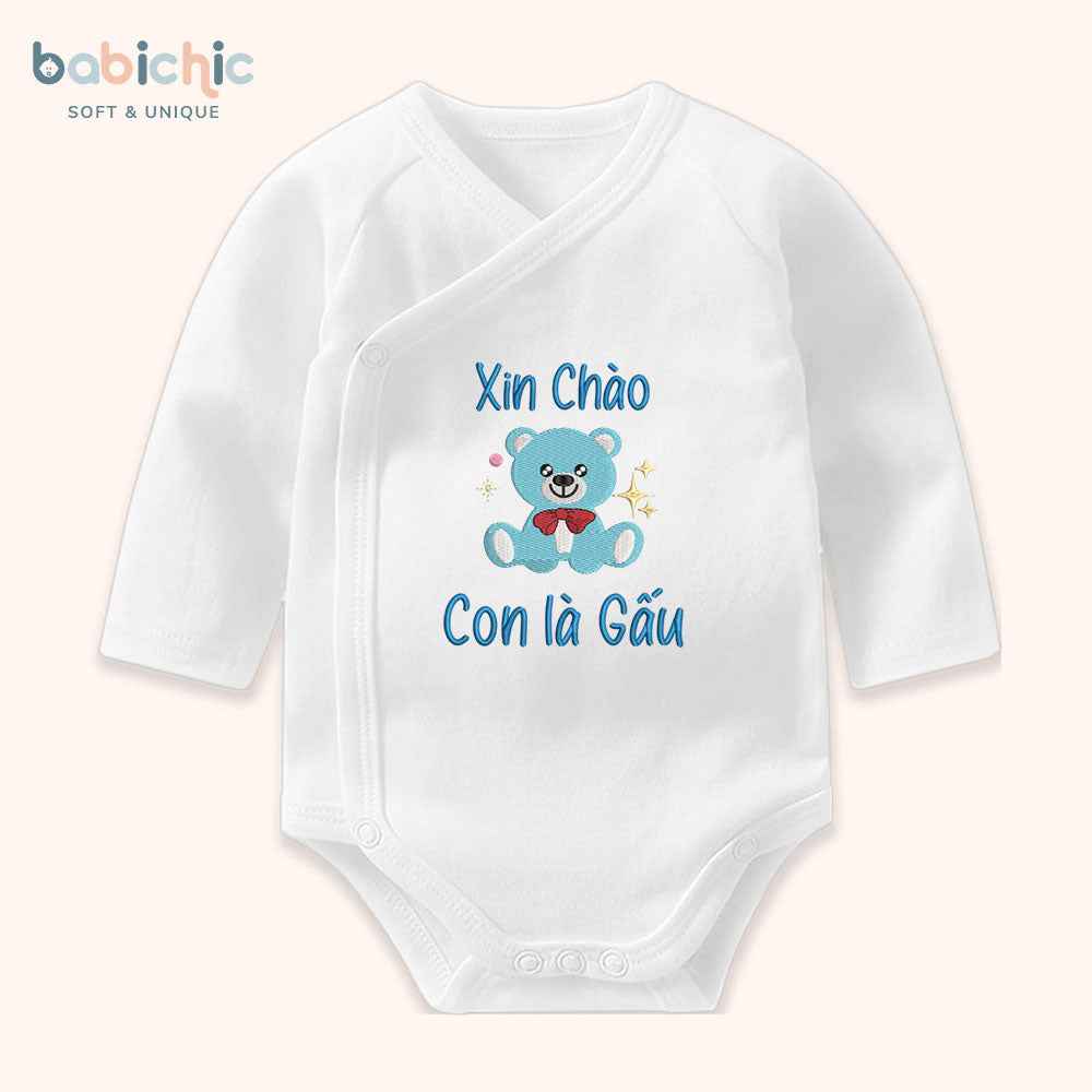 Set quà thêu tên cho bé trai - Gấu - Cotton Organic, Hình Gấu Xanh Dương, Quà Đầy Tháng Cá Nhân Hóa