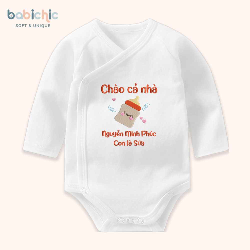 Set quà thêu tên cho bé - Minh Phúc - Sữa - Tone màu đỏ - Hình bình sữa đáng yêu - Set quà tặng cho bé trai
