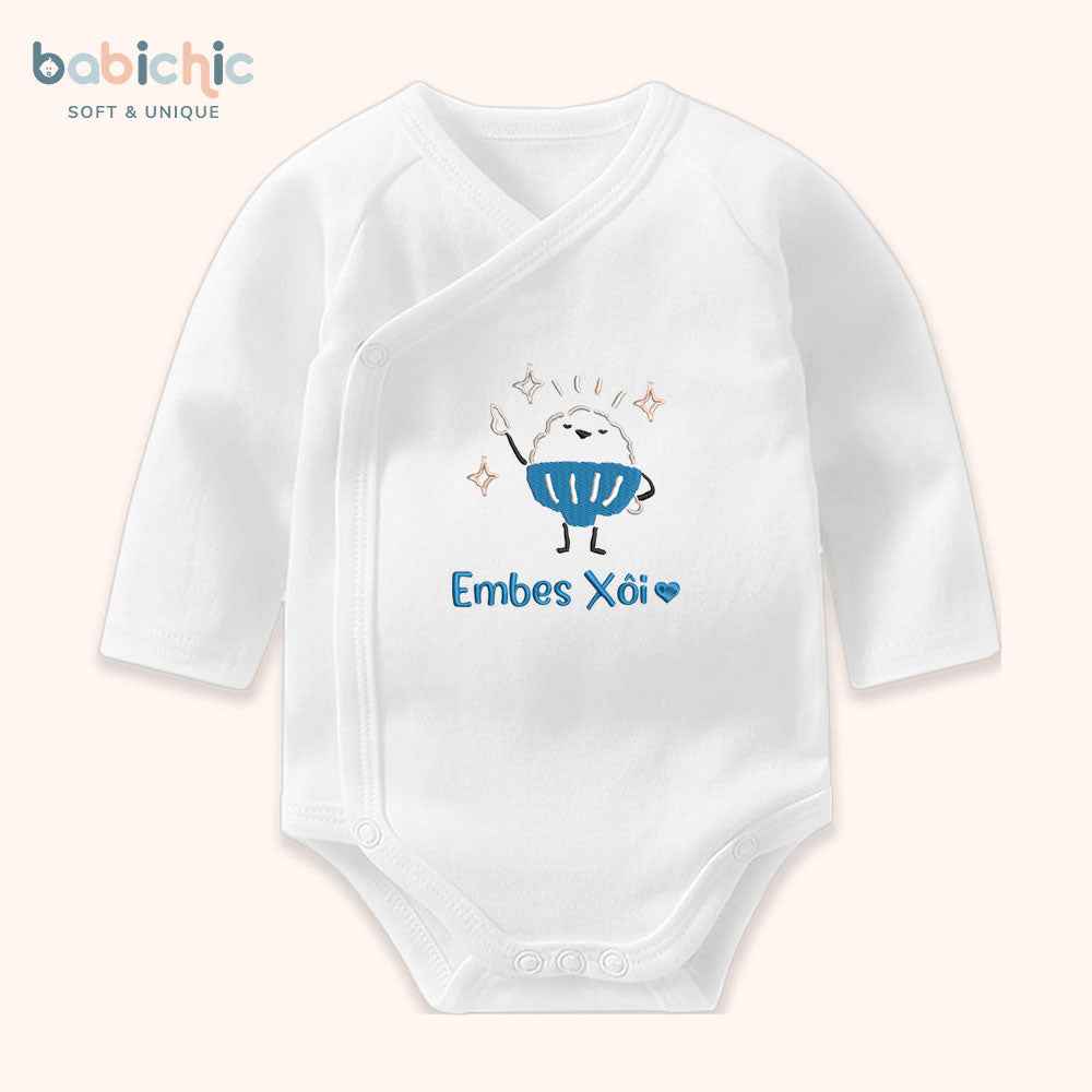 Set sơ sinh thêu tên “Xôi” – Hình xôi cute đáng yêu, tone xanh dương – Quà đầy tháng bé trai