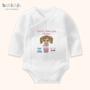 Set đầy tháng bé gái thêu tên Ruby & hình bé Thiên Lam – Quà sơ sinh cá nhân hóa dễ thương