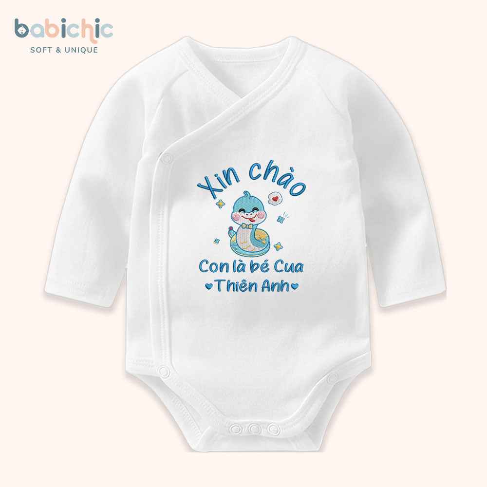 Set đồ sơ sinh thêu tên “Thiên Anh – Cua” – Hình rắn xanh dương, quà đầy tháng cá nhân hóa cho bé trai