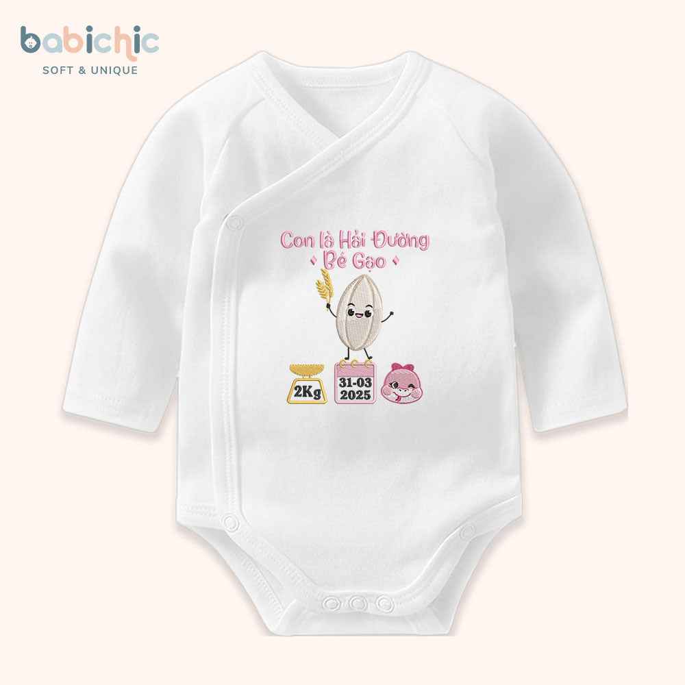 Set đồ đầy tháng cho bé gái thêu tên riêng – Mẫu “Hải Đường + Bé Gạo” họa tiết hạt gạo dễ thương, thông số sinh