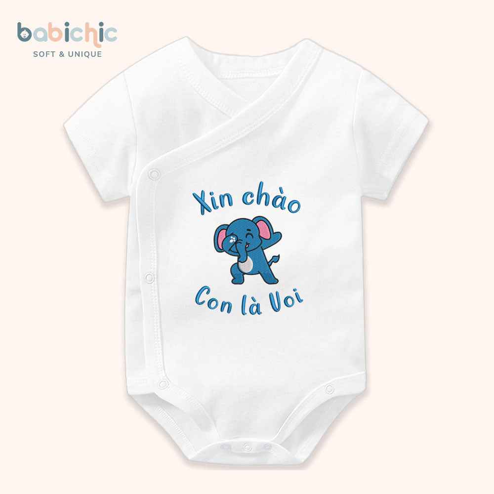 Set quà đầy tháng bé trai thêu tên theo yêu cầu – Bodysuit “Con là Voi”, hình voi xanh dương