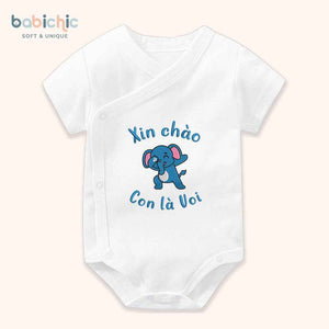 Set quà đầy tháng bé trai thêu tên theo yêu cầu – Bodysuit “Con là Voi”, hình voi xanh dương