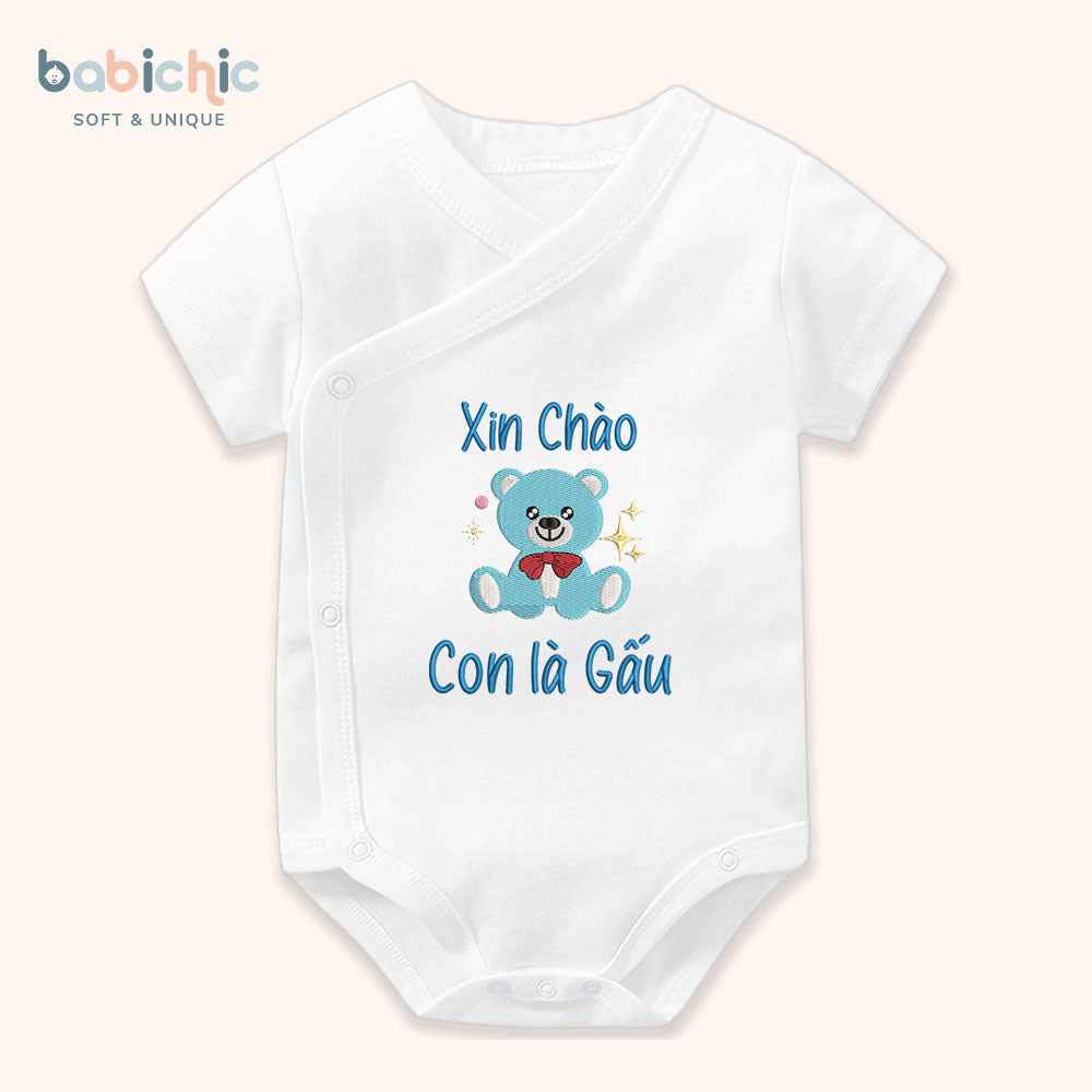 Set quà thêu tên cho bé trai - Gấu - Cotton Organic, Hình Gấu Xanh Dương, Quà Đầy Tháng Cá Nhân Hóa