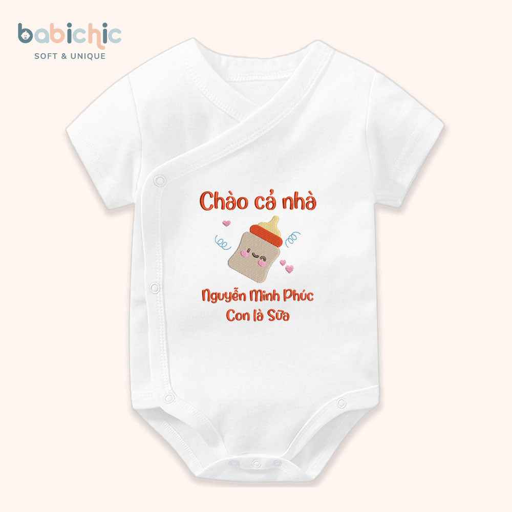 Set quà thêu tên cho bé - Minh Phúc - Sữa - Tone màu đỏ - Hình bình sữa đáng yêu - Set quà tặng cho bé trai
