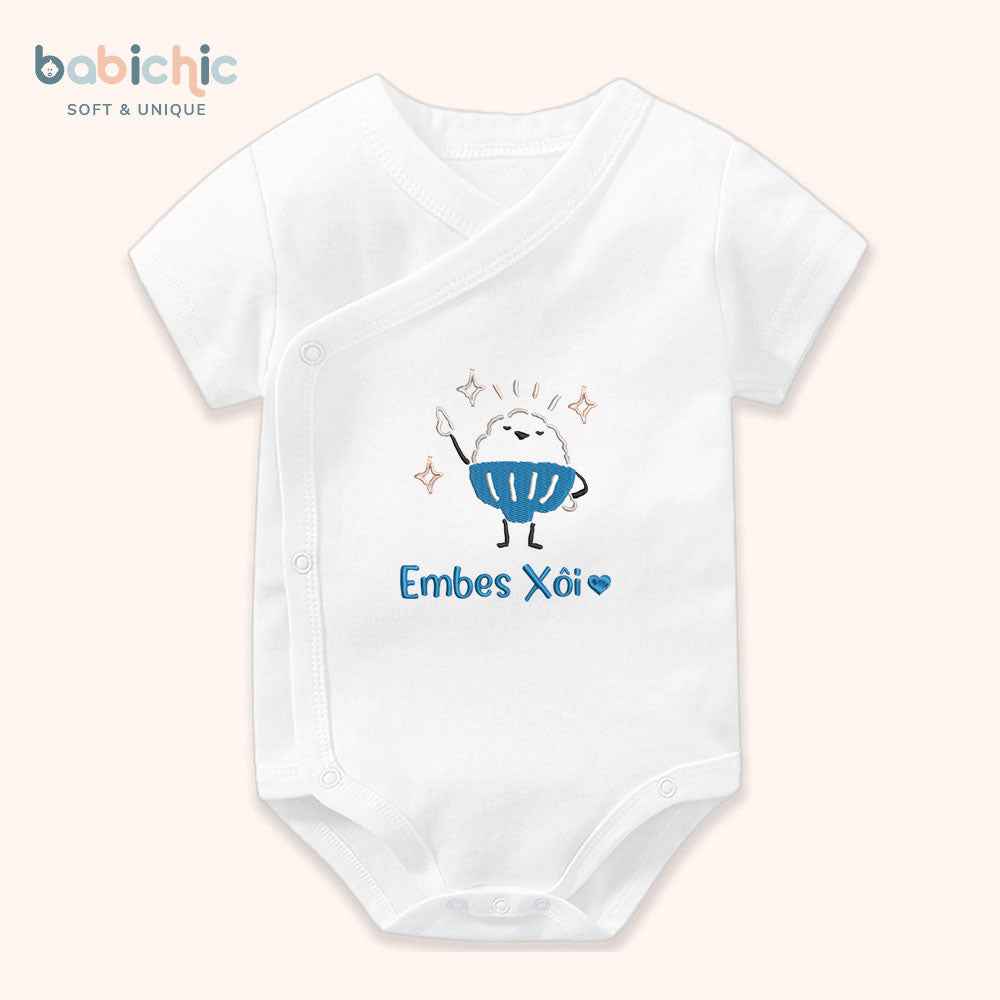 Set sơ sinh thêu tên “Xôi” – Hình xôi cute đáng yêu, tone xanh dương – Quà đầy tháng bé trai