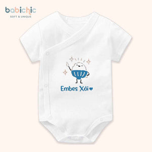 Set sơ sinh thêu tên “Xôi” – Hình xôi cute đáng yêu, tone xanh dương – Quà đầy tháng bé trai